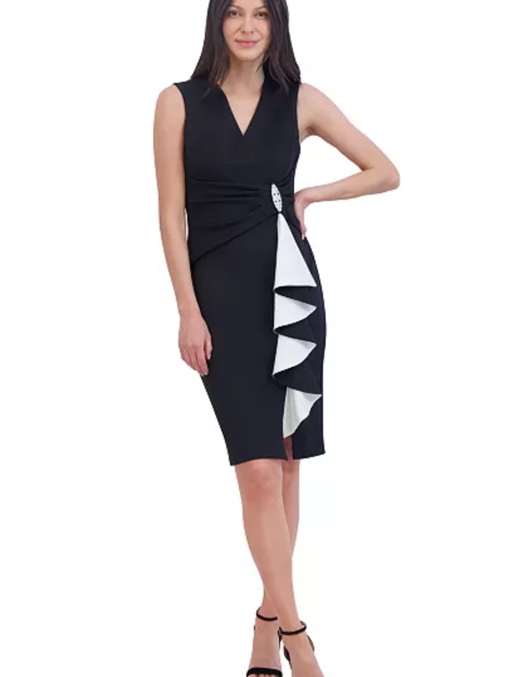Jessica Howard Black Midi Dress with White Ruffle Accent